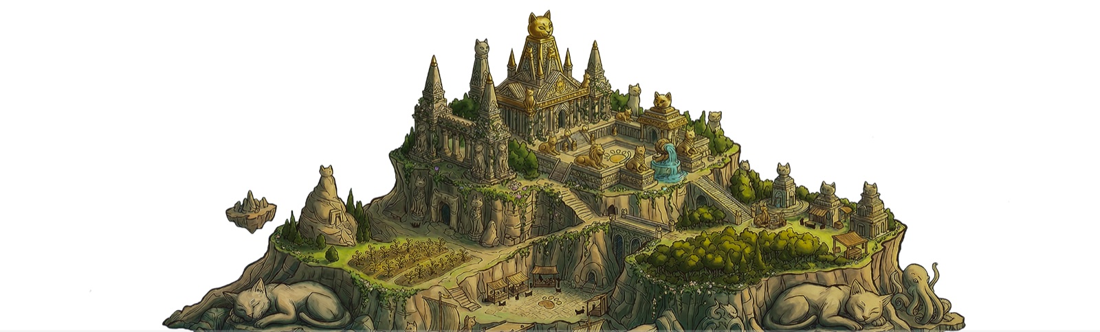 The full illustrated island of Catlantis, with pirate cats, temples, and treasure